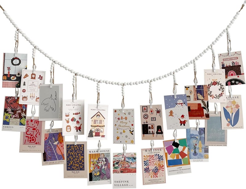 Kintyno Hanging Photo Display with 22 Clips, White Wooden Bead Garland, Boho Style Collage Photo Frame Decoration for Dorms, Classrooms, Bedrooms - Image 1